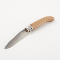 Couteau de poche fermant manche en olivier, position ouverte.