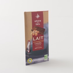 Chocolat bio au lait cacahuètes caramel fleur de sel de chez Grain de Sail tablette de 100 g