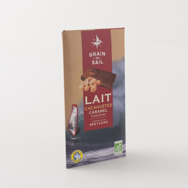 Chocolat bio au lait cacahuètes caramel fleur de sel de chez Grain de Sail tablette de 100 g